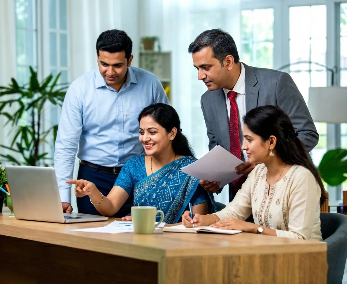 Business professionals collaborating in a modern office, reviewing documents and discussing ideas around a laptop
